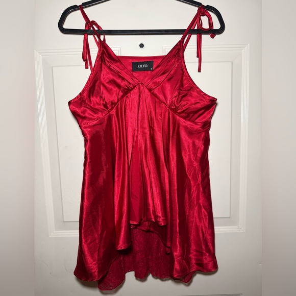 Cider Other - Cider Vibrant Red Satin Knotted Lace Ruffle Slip Dress